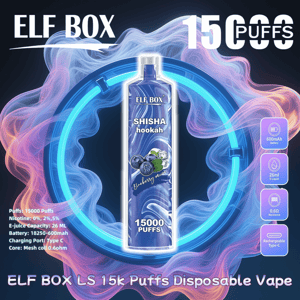 Blauer ELF BOX-Einweg-Vaporizer mit der Aufschrift "Shisha Hookah" mit einer Blaubeerillustration und markantem "15000 PUFFS"-Text in der Mitte eines leuchtenden Neonrings aus wirbelndem rosa und blauem Dampf, mit seitlichen Symbolen, die auf einen 600-mAh-Akku, 26 ml E-Liquid, 0,6 Ω-Widerstand und Typ-C-Aufladung hinweisen.