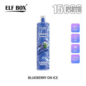 Blue ELF BOX Shisha hookah vape with blueberry-and-ice artwork and '15000 puffs' label, brand logo at top left and purple icons to the right noting 600mAh battery, 26ml e-liquid, 0.6Ω resistance and rechargeable Type-C.