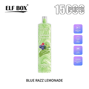 Green marbled ELF BOX Shisha hookah disposable vape labeled Blue Razz Lemonade with a berry graphic and prominent 