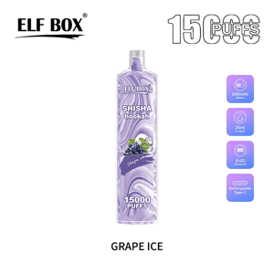 Purple marbled ELF BOX Shisha hookah disposable device labeled Grape Ice with grapes and ice cubes and large “15000 puffs” text, brand logo on a white background, plus side icons noting 600mAh battery, 26ml e-liquid, 0.6Ω resistance and Type‑C rechargeable.