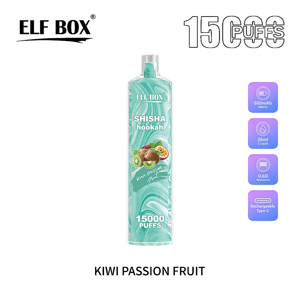 Teal-marble ELF BOX Shisha hookah disposable vape labeled Kiwi Passion Fruit with a kiwi and passion fruit illustration and large '15000 PUFFS' text, shown with the ELF BOX logo and four purple icons indicating 600mAh battery, 26ml e-liquid, 0.6Ω resistance and rechargeable Type-C on a white background.