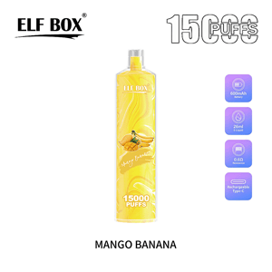 Yellow ELF BOX disposable vape device labeled Mango Banana with a mango and banana illustration and prominent 