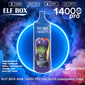 Promotional image of a blue ELF BOX 14000 Pro disposable vape centered inside a neon blue ring, showing a cylindrical device with a green alien/brain illustration, purple-pink vapor background and callouts for 14,000 puffs, 25 mL capacity, Type-C charging, 600 mAh battery and mesh coil.
