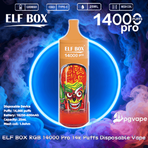 Promotional image of an ELF BOX 14000 Pro disposable vape in orange with a colorful skull graphic centered inside a glowing blue neon ring, set against swirling purple and blue vapor and overlaid with icons and text noting 14,000 puffs, 25ml capacity, 600mAh battery and mesh coil features.