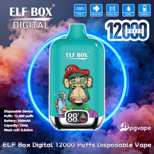 Turquoise ELF BOX Digital disposable vape device featuring a droopy-eyed cartoon monkey in a red cap, centered inside a glowing blue ring against purple-orange smoke, with icons and text noting 12,000 puffs, Type-C, mesh coil, 25 mL capacity, 500 mAh and a small digital battery display.