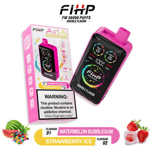 Pink FIHP FW 36000 Puffs double-flavor disposable vape device and matching pink box showing a digital display, prominent nicotine warning label, and flavor labels Watermelon Bubblegum and Strawberry Ice with accompanying watermelon and strawberry-on-ice graphics.