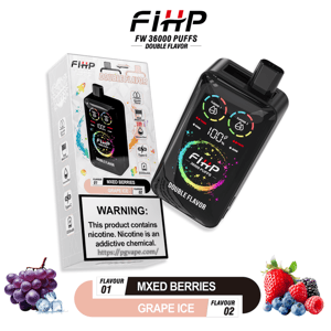Black FiHP FW 36000 Puffs double-flavor disposable vape and its boxed packaging showing a colorful circular logo and digital display on the device, flavor labels 'Mixed Berries' and 'Grape Ice', a prominent nicotine warning panel, and small images of grapes, strawberries and mixed berries.
