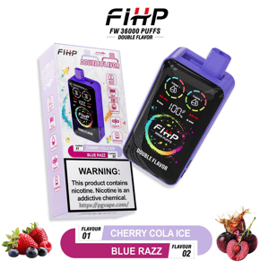 Purple FIHP 36,000-puff double-flavor disposable vape device and its box, showing a digital screen, flavor labels 'Cherry Cola Ice' and 'Blue Razz', a nicotine warning panel, and small fruit illustrations (strawberries, blueberries and cherries).
