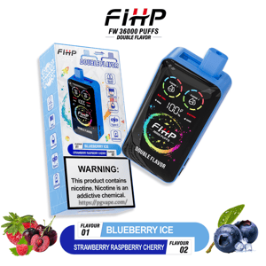 Blue FIHP FW 36000 Puffs double-flavor disposable vape device beside its boxed packaging, featuring a colorful touchscreen-like front, 'DOUBLE FLAVOR' branding, a large nicotine warning label, and flavor badges for Blueberry Ice and Strawberry Raspberry Cherry with berry illustrations.