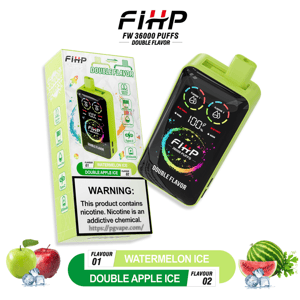 Bright lime-green FiHP FW 36000 Puffs double-flavor disposable vape and its matching box showing a colorful touchscreen-style display, flavor labels Watermelon Ice and Double Apple Ice, a prominent nicotine warning panel, and images of apples, watermelon slices and ice cubes