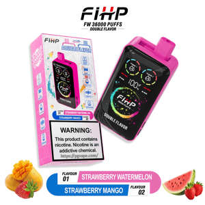 Pink FIHP FW 36000 Puffs double-flavor disposable vape and its pink packaging showing the digital-display device, flavor labels 'Strawberry Watermelon' and 'Strawberry Mango', fruit illustrations (mango, strawberries, watermelon) and a prominent nicotine warning.