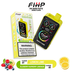 Bright yellow FiHP FW 36000 PUFFS double-flavor disposable vape and matching box displaying a black touchscreen front with a colorful circular logo and digital indicators, a prominent nicotine warning label on the packaging, flavor banners labeled Lemon Lime and Blueberry Raspberry Lemonade, and small lemon slice and berry illustrations.