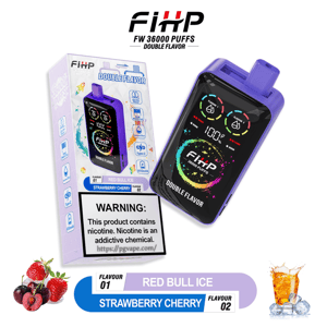 Purple FiHP disposable vape device and its packaging showing 'FW 36000 PUFFS DOUBLE FLAVOR' branding, a colorful touchscreen-style display, flavor indicators 'Red Bull Ice' and 'Strawberry Cherry', a nicotine warning box on the package, and accompanying strawberry, cherry and iced drink graphics.