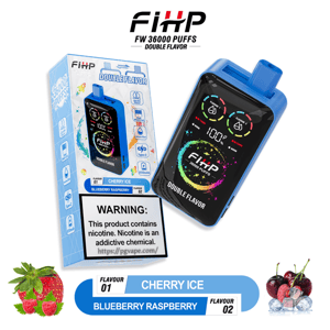 Blue rectangular double-flavor disposable vape device with a colorful digital screen reading 