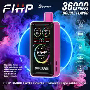 Pink rectangular FIHP disposable vape device with a black touchscreen reading 'FIHP 36000 PUFFS' and 'DOUBLE FLAVOR', centered against swirling purple and blue vapor with icons and text noting 36,000 puffs, double flavor, dual mesh coil, 32 mL e-liquid, Type-C charging and 850 mAh battery.