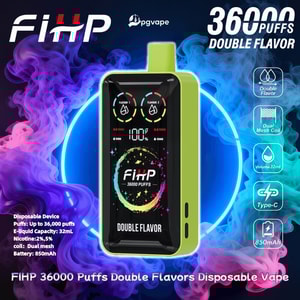Bright green FIHP disposable vape device with a digital display centered against swirling purple and blue vapor, showing branding and text for 36,000 puffs and double flavor plus icons indicating dual mesh coil, 32 mL e-liquid, Type-C charging and 850 mAh battery.