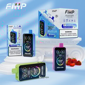 Arrangement of colorful FiHP double-flavor disposable vape devices and boxes on white decorative pedestals against a soft blue background, showing device screens, flavor labels (Blueberry Ice, Strawberry Raspberry Cherry), “36000 puffs” branding, nicotine warning panels, and a small pile of strawberries.
