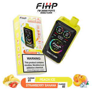 Bright yellow FIHP FW 36000 Puffs double-flavor disposable vape and matching box; device screen shows a colorful circular graphic and dual flavor indicators, the box displays a nicotine warning, and flavor bars and fruit illustrations show Peach Ice and Strawberry Banana.