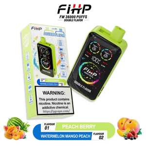 Bright lime-green FIHP FW disposable vape and its box displayed together, showing a colorful touchscreen that reads '36000 PUFFS DOUBLE FLAVOR', flavor labels 'Peach Berry' and 'Watermelon Mango Peach', and a visible black-and-white nicotine warning on the packaging.