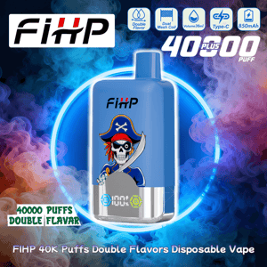 Dispositivo de vapeo desechable FIHP azul con un gráfico de esqueleto pirata y base plateada, frente a un brillo circular de neón y humo colorido, con íconos y texto que indican sabores dobles, bobina de malla doble, capacidad de 36 ml, carga tipo C, batería de 850 mAh y 40 000 inhalaciones