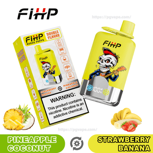 Yellow FiHP disposable vape and matching box featuring a punk skull playing a guitar, labeled flavors 