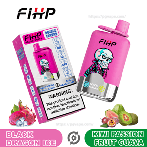 Bright pink FIHP disposable vape and matching box featuring a stylized skull graphic, 'Double Flavor' and '40,000 puffs' text, flavor names 'Black Dragon Ice' and 'Kiwi Passion Fruit Guava', fruit images (dragon fruit, kiwi, passion fruit, guava), and a prominent nicotine warning.