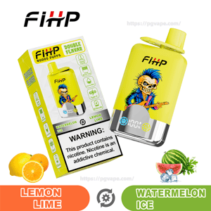 Bright yellow FiHP disposable vape and matching box showing a colorful punk-skeleton guitar graphic, flavor badges for Lemon Lime and Watermelon Ice, a prominent nicotine warning label, a 100% battery indicator, and lemon and watermelon fruit illustrations.
