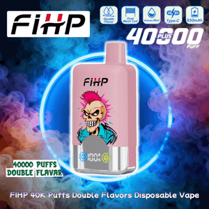 Vape desechable FIHP de color rosa con un gráfico de calavera punk centrado en un anillo de neón azul brillante contra humo morado y naranja, rodeado por el logotipo de FIHP, íconos de doble sabor, bobina de malla doble, capacidad de 36 ml, carga tipo C y batería de 850 mAh, y texto que anuncia 40,000 inhalaciones y sabores dobles.