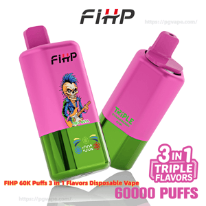 Two bright pink-and-green FIHP disposable vapes—one showing a punk skull guitarist graphic and 'Red Bull' label, the other labeled 'Triple'—with surrounding text advertising 3-in-1 triple flavors and 60,000 puffs.