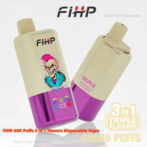 Two cream-and-purple FIHP disposable vape devices shown at an angle, one featuring a pink‑haired punk skull graphic labeled “Double Apple” and the other labeled “Triple Watermelon Raspberry,” with nearby text highlighting 3‑in‑1 triple flavors and 60,000 puffs.