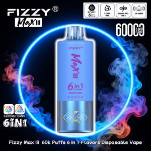 Blue Fizzy Max III engångsvape centrerad i en glödande neonring, märkt '6 i 1 smaker' och '60000', med en LED-skärm i basen och ikoner för 6 justerbara smaker, 60k puffar, 60ml e-vätska och Type-C laddning, omgiven av röd och blå ånga.