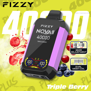 Purple-and-black FIZZY NOVA Plus 40000-puff disposable vape with a digital gauge and 'Triple Berry' label, displayed on a bright yellow-green background with raspberries, blueberries and cherries and icons indicating gear adjustment and dual mesh coil.