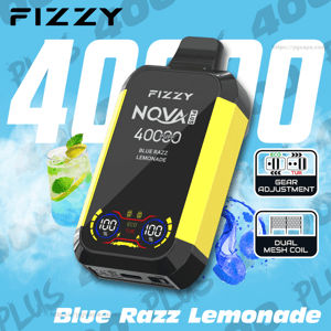 Black-and-yellow Fizzy NOVA Plus vape device angled against a blue background with a large white 