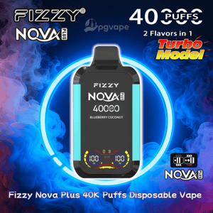 Front view of a Fizzy Nova Plus disposable vape in black with turquoise side panels centered inside a glowing blue ring against swirling purple and blue smoke, labeled 40,000 puffs, Blueberry Coconut flavor and Turbo Model with dual-flavor icons and digital gauge graphics.