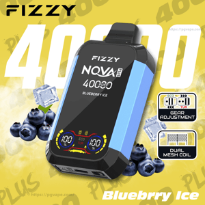 Close-up of a blue-and-black FIZZY NOVA Plus vape device labeled 