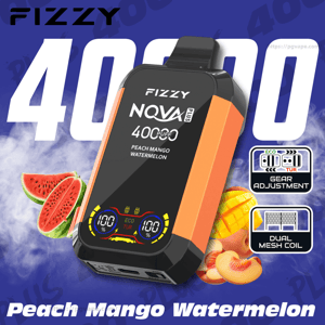 Black and orange Fizzy NQVA Plus vape device labeled 40,000 puffs with flavor Peach Mango Watermelon, shown with a digital display and icons for gear adjustment and dual mesh coil, surrounded by sliced watermelon, mango and peach on a blue smoky background.
