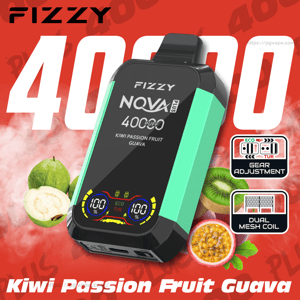Mint-green and black Fizzy Nova Plus vape device angled against a red background with oversized '40000' text, its screen reading '40000 puff' and 'Kiwi Passion Fruit Guava', surrounded by kiwi, passionfruit and guava halves, wisps of vapor, and small icons for gear adjustment and dual mesh coil.