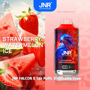 Colorful advertisement for a JNR disposable vape showing the device with a vivid red-and-blue falcon graphic alongside large strawberries and watermelon slices, labeled Strawberry Watermelon Ice with text noting JNR Falcon X 18k Puffs.