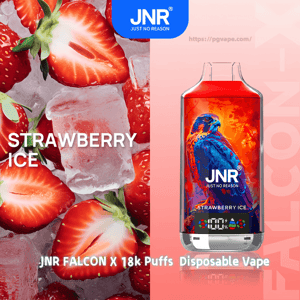 Split-screen ad showing chilled strawberries and ice on the left and a red JNR Falcon X disposable vape device with a colorful falcon graphic labeled 'Strawberry Ice' and '18k Puffs' on the right.