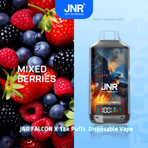 Promotional split image showing a close-up of mixed berries — strawberries, raspberries, blueberries and blackberries — beside a JNR Falcon X disposable vape device featuring a fiery falcon graphic, JNR logo and 'Mixed Berries' label.
