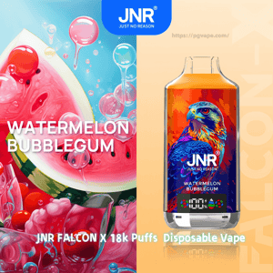 Split image showing a sliced watermelon with pink bubblegum bubbles on the left and a clear disposable vape on the right featuring vibrant multicolored falcon artwork, the JNR logo, the flavor label 'Watermelon Bubblegum' and a digital puff counter, with text at the bottom reading 'JNR FALCON X 18k Puffs Disposable Vape'.