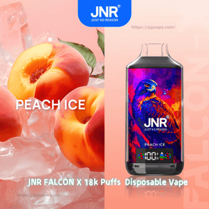 Split promotional image: left side close-up ripe peach halves on ice with the label 'PEACH ICE', right side a JNR Falcon X disposable vape device decorated with vibrant hawk artwork, the JNR logo and a small digital puff counter.