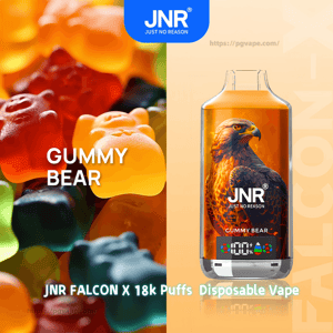 Split image with colorful close-up gummy bears on the left and an orange JNR Falcon X disposable vape device on the right featuring an eagle illustration and 'Gummy Bear' flavor branding, labeled JNR Falcon X 18k Puffs Disposable Vape.