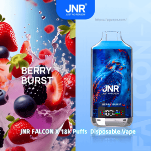 Split advertisement showing a vibrant splash of strawberries, blackberries, blueberries and raspberries with the words BERRY BURST on the left, and a blue JNR Falcon X disposable vape device with a stylized falcon illustration, digital puff counter and 'JNR Just No Reason' branding on the right.