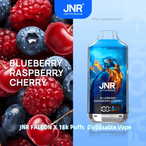 Left side close-up of blueberries, raspberries and cherries with large text reading BLUEBERRY RASPBERRY CHERRY; right side a blue JNR Falcon X disposable vape device featuring a colorful falcon illustration, brand logo, flavor name and product copy noting 18k puffs.