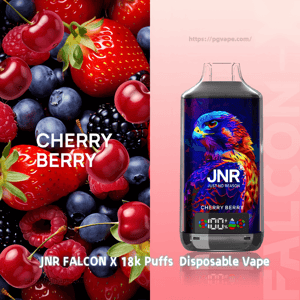 Split promotional image: left a close-up of cherries, strawberries, blueberries, raspberries and blackberries with the words CHERRY BERRY, right a pink panel featuring a JNR Falcon X disposable vape device displaying a colorful hawk logo, JNR branding and Cherry Berry flavor with 18k Puffs noted.