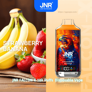 Split advertisement showing ripe strawberries and bananas on the left and a JNR Falcon disposable vape on the right featuring vibrant falcon artwork and labeled Strawberry Banana and 18k Puffs.