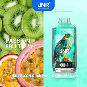 Split advertisement showing close-up passion fruit and kiwi slices on the left and a turquoise JNR Falcon X disposable vape device with a colorful falcon illustration and 'Passion Fruit Kiwi' and '18k Puffs' branding on the right.