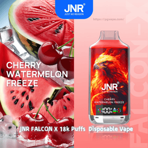 Split advertisement showing sliced watermelon, cherries and ice labeled “Cherry Watermelon Freeze” beside a JNR disposable vape device featuring a fiery phoenix illustration and the JNR (Just No Reason) logo.
