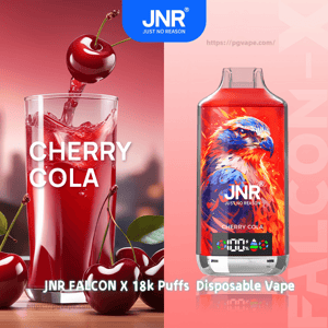 Split advertisement showing a tall glass of fizzy cherry cola with whole cherries and ice on the left and a red JNR Falcon X disposable vape on the right featuring a vibrant hawk illustration, 'Cherry Cola' label and '18k Puffs' branding.